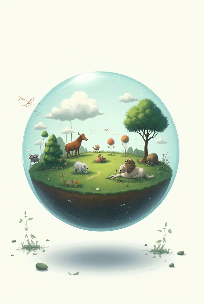 A drawing sphere, In this sphere there are trees , animais,  white parts to represent the clouds . The background is white