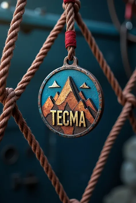 Mountaineer logo hanging on welding ropes with TECMA writing 