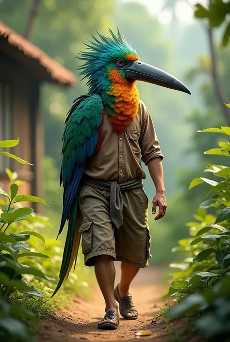 Salvadoran peasant with the head of a torogoz bird, walking