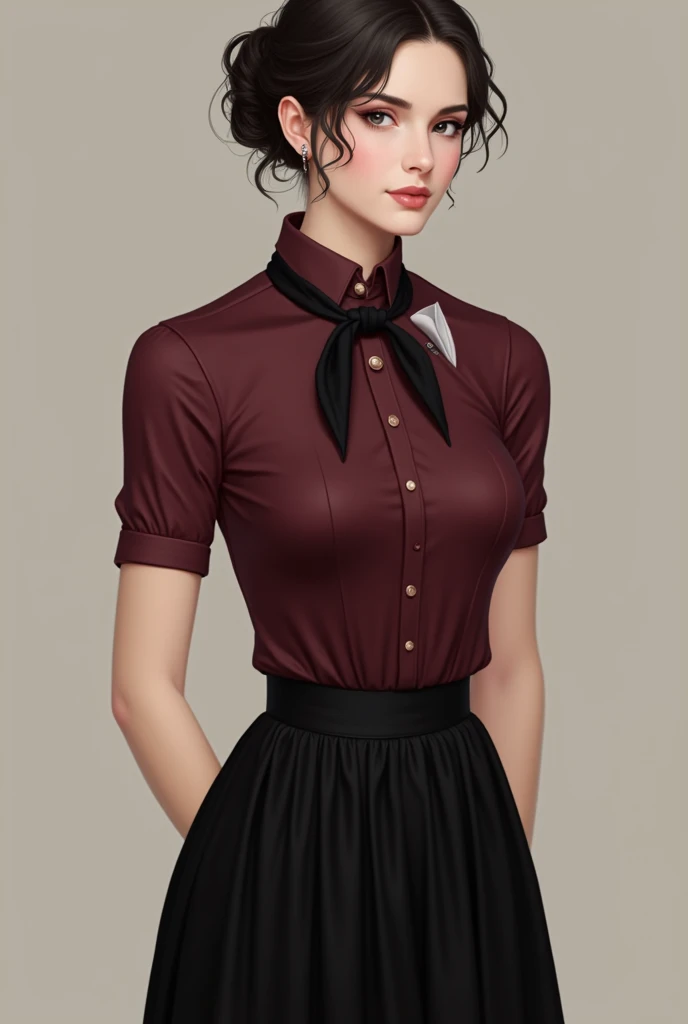  A woman wearing a short sleeve shirt with buttons up the neck and a small scarf around the neck in black and a black petticoat, the wine-colored shirt , The handkerchief under the collar of the shirt, all buttons closed, The scarf is a little longer