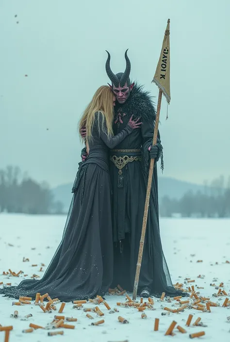  photorealism ,  photorealistic ultra HD , . A devils black demon is standing in the middle of a snowy field, hugged by a blonde ,amidst the mud of cigarette butts , he is holding a developing banner with the inscription  "dr.Gryaz "