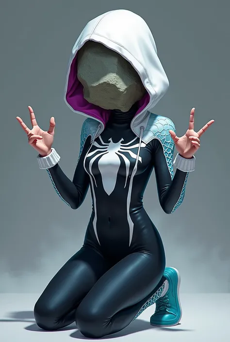 girl, anime, adolescent, Dressed as GwenStacy, His costume consists of a black suit with white areas that form a spider pattern ,  a white hood with a magenta inner lining with cyan net patterns , matching white and cyan designs on the upper arms and cyan ...