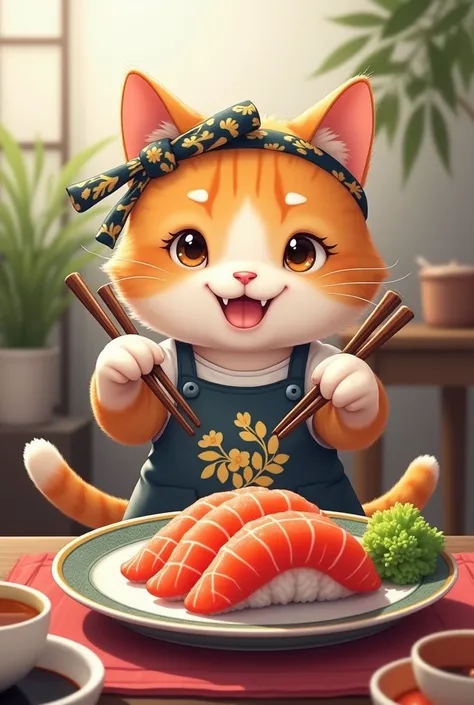 masterpiece,    has received many awards   ,  best quality,   high detail,   Ultra High Definition ,   high definition ,  CG
A cute cat serving sashimi on a plate 、
There is a table in front of the cat 、
Cats hold chopsticks 、
 cats wear aprons and twist h...