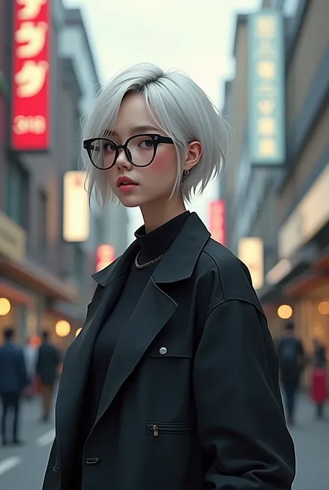  Beautiful girl with short hair,white with glasses,Skinny with an urban style,s , black hair