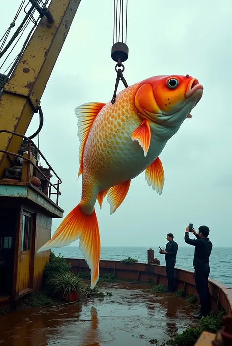 A hyper-realistic photograph of a massive orange gold fish with white spots and scarred skin, suspended mid-air by a rusted steel crane on a weathered Chinese fishing boat. The deck is cluttered with ropes, nets, and water, while crew members in black vest...