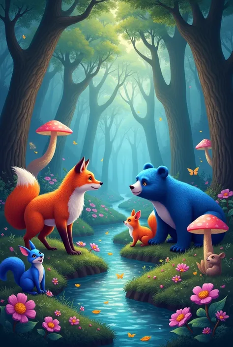  Magic forest with orange foxes, blue bears , violet squirrels and golden deer 