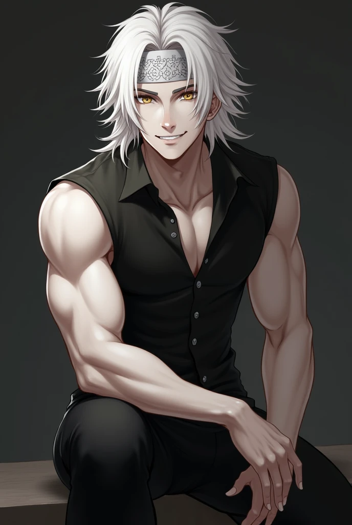 Albino man, semi-long white hair,  sitting with his hand on his knee, button down shirt, sleeveless, black shirt, attached to the body, muscular, with a thick white forehead band,  white skin , fondo blanco,  detailed face ,  black pants , young, The banda...