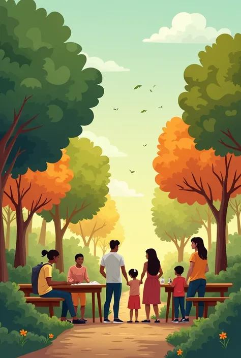 People of diverse ages and backgrounds working together on community projects, like in a ,  organizing events or helping others . Elements such as ,  community tables and people sharing ideas .
COLORS: COLORS cálidos y naturales como verde, orange and brow...