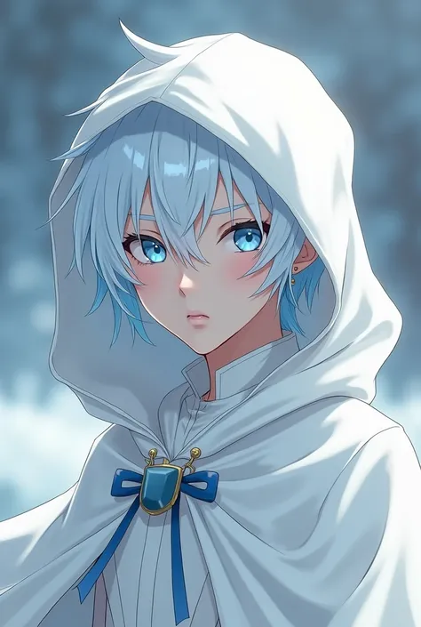 A 19 year old boy,  with white hair with blue tips ,  crystalline light blue eyes , pale and neutral skin .  Who wears a special white suit as if he were fighting,  that is covered with a white hooded cape 