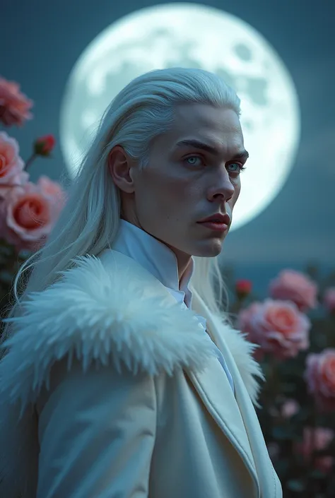 masterpiece, highest quality, (solo focus), (perfect face:1.1), (high detail:1.1), (hyper detailed eyes), dramatic, a guy with pale skin and long voluminous white hair, white eyes, solo, long hair, Sephiroth, moon, night, white luxury suit, covered navel, ...