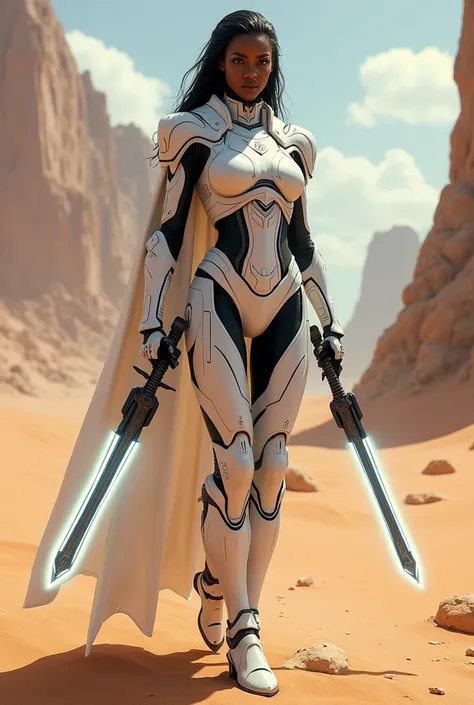 sci fi soldier gun imperial white armor dual sword dark skin woman desert background