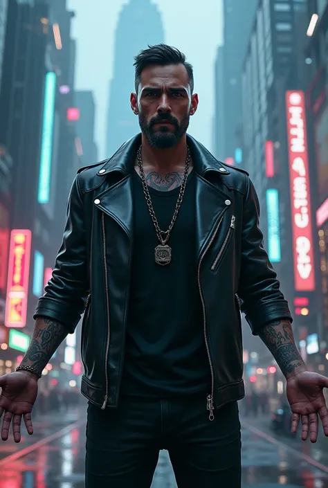 Guy wearing cyberpunk open black leather jacket hands in tatto standing with open arms around him are hologram2 spinning futuristic city baground with neon light effect full body photo high quality clear 75k detail