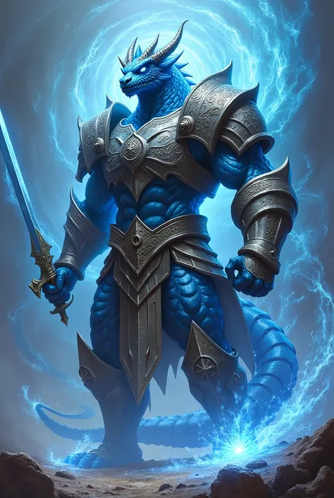 A blue draconate with heavy armor that covers most of his body with a sword in one hand and a shield in the other conjuring magic