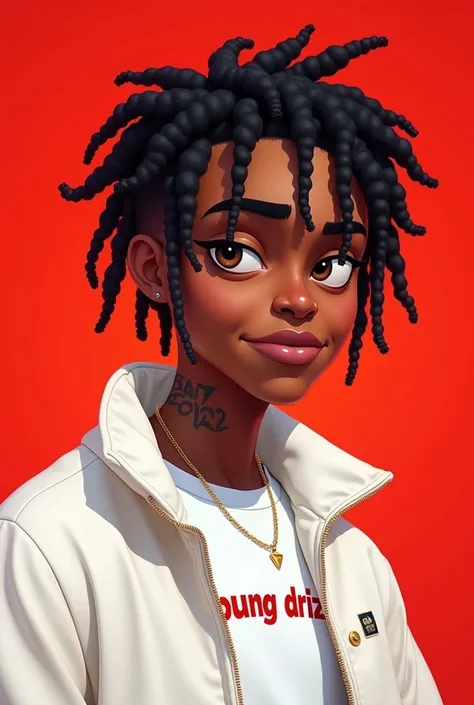 Image of a young animated black guy in a red dope background with the name "Young Drizzy" written on his white designer wear. He has a mean but cute face, not laughing . And he has taper fade curly dreads 