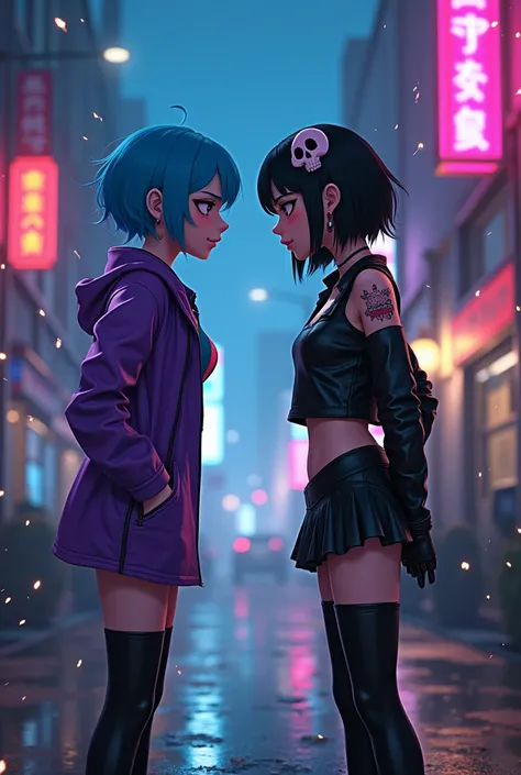 " In the center of a street illuminated by neon lights , Sugar cube y Saladilla se enfrentan cara a cara. Sugar cube,  with her bright blue hair and vibrant purple outfit , Pink and blue,  he has an expression of amazement mixed with disbelief as she obser...