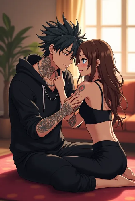 One Slender Anime style Man, One Slender Anime style Woman, Man has grey blue eyes, medium length hair, hair spiked and floppy, half black half blonde hair, pierced ear, tattoos all over, hand and finger tattoos, black hoodie, sleeves rolled halfway up, bl...