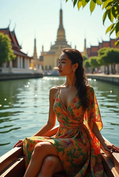 A Thai-Latin mixed woman wearing a silk wrap dress with tropical patterns, enjoying a boat ride on the Chao Phraya River with the glittering Grand Palace in the background.”