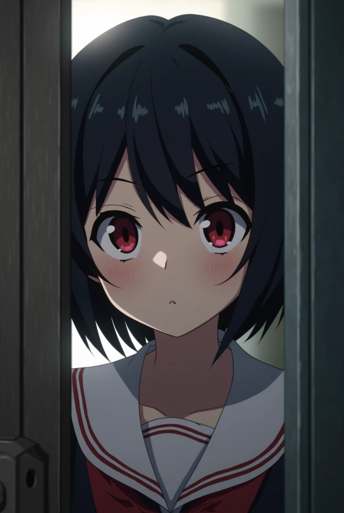 Screenshot screenshot anime Boku no hero academia,  girl, short hair with the front highlights a little longer with black hair and red highlights in her hair, slanted and crimson red eyes, with a neutral expression, wearing a school uniform, posing behind ...