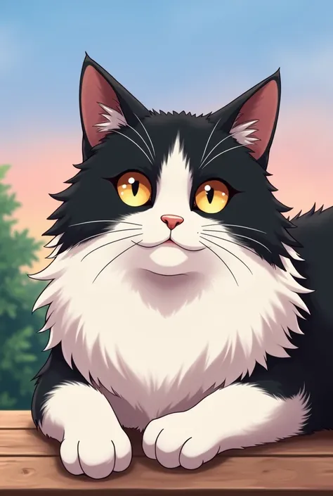  A cat with a long coat and fluffy with a two-tone black and white pattern .  The cats head is mostly black ,  with both completely black ears ,  triangular and slightly pointed ,  with small tufts of hair sticking out at the tips .  From the forehead desc...