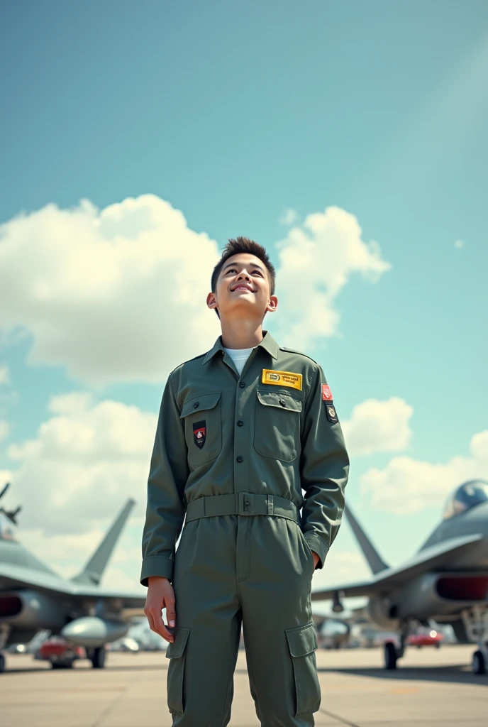 Young military pilot looking at the sky with joy 