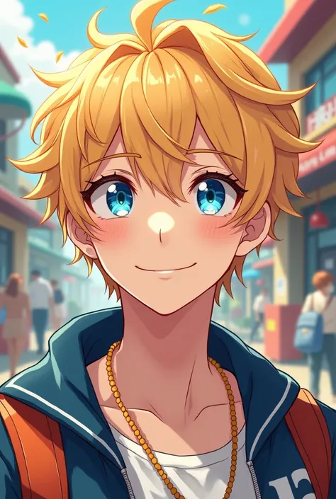 1 Cheerful Blonde Boy , of blue eyes, Manga style, 22 years old, I bet, handsome, charming