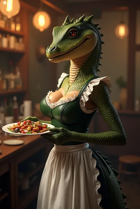 sigmax, Bonifasco, furry, female, scaly, , Argonian , medium plan,  Big breasts ,  of the maids sexy dress , tight top, , Big plate in hand ,  breasts bouncing off the dress ,  wide hips,  big ass,  big ass,  lowered to the spectator,  looking at the viewe...