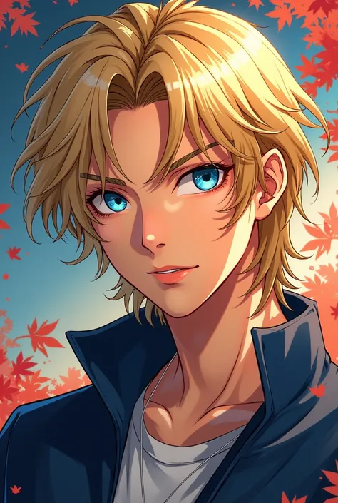 1 blond boy, of blue eyes, Manga style, 22 years old, handsome, charming