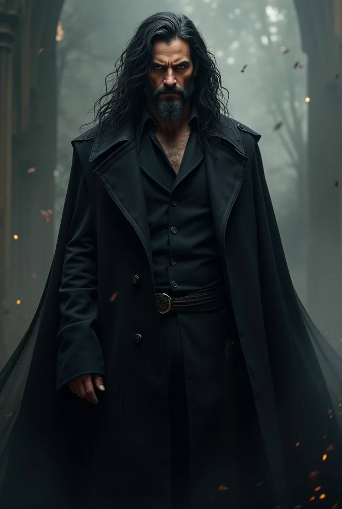 Create for me an image of a man with long black hair with slightly tight eyes, wavy and black hair with a mustache and goatee below his mouth, put on his witch-style clothes with a black overcoat