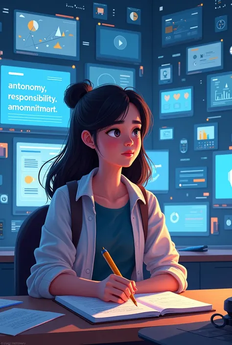 A YOUNG WOMAN WITH A Mosaic of Screens from a Virtual Classroom,  a notebook with notes and highlighted colors ,  and an on-screen text : Unadist values :  Autonomy ,  responsibility and commitment . animation
