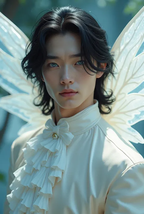 Handsome young man, soft white face, Caucasian features, blue eyes, long black hair, well-defined body, fairy wings, his skin is made of porcelain. He has a white ruffled collar and a shiny outfit, he has a fleece on his face and white shoes 