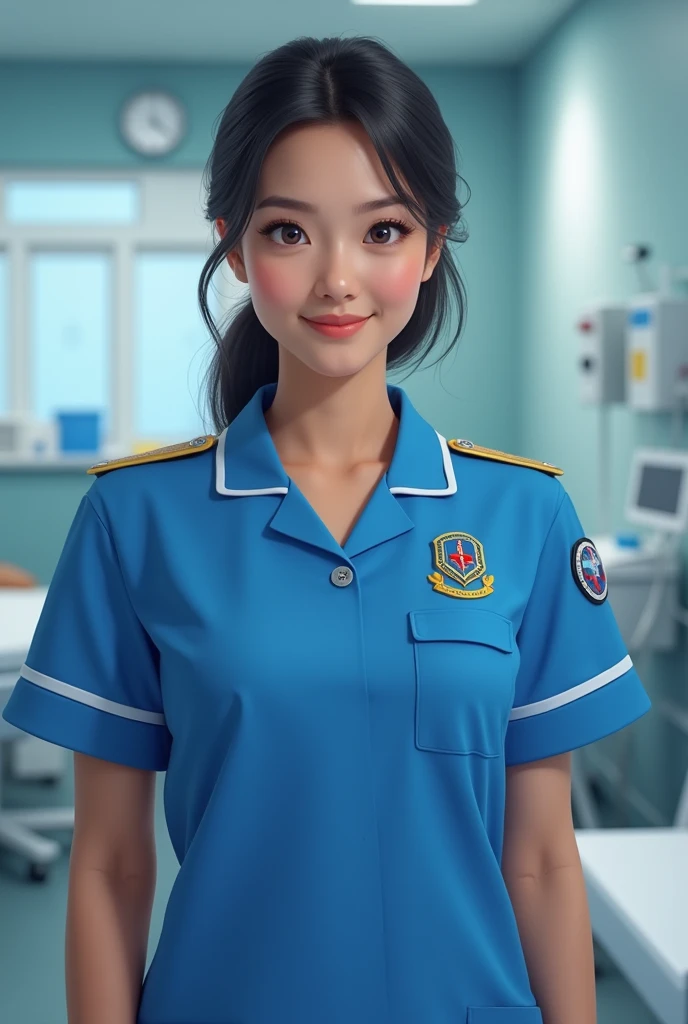 Create a girl wearing the blue nursing uniform from the Universidad Experimental de la Fuerza Armada Nacional Bolivariana 