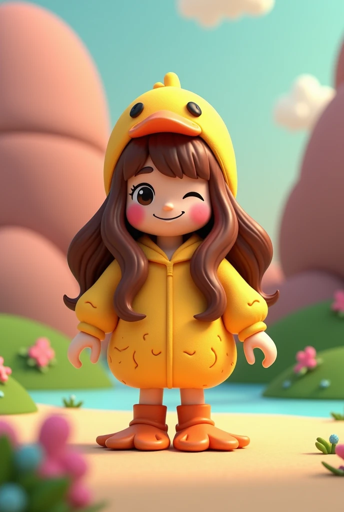 Roblox character with brown Flowy Siren Waves hair and cute duck outfit with happy face