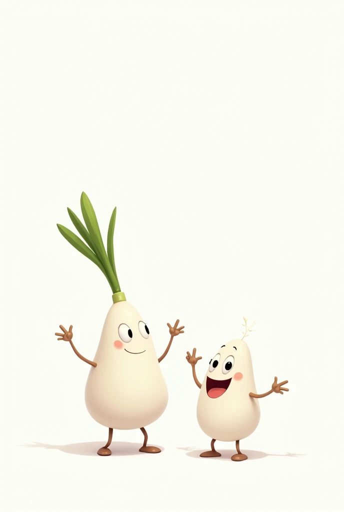 Create two white chives with small legs and arms, eyes and a smile where they point to the center. The chives must be cartoon type.(animated ) pero que sean en 2d con fondo blanco  tienes la idea pero más animated tipo dibujo pero más alejados como para po...