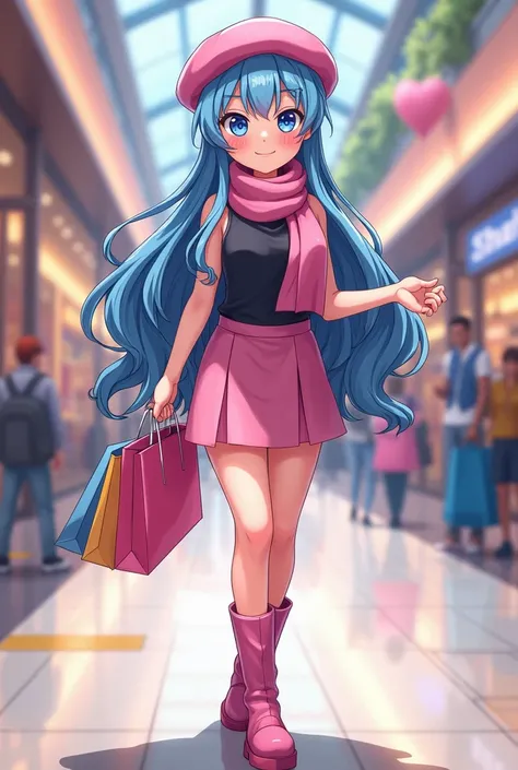  better quality ,4k,8K,highres, masterpiece :1.2, full coat,realistic:1.37, portrait, illustration,Dawn of a girl  (pokemon), beret, long hair,  blue hair, Blue eyes,  sleeveless black shirt , pink scarf, pink skirt, pink boots,  Body, curvilinear, downblo...