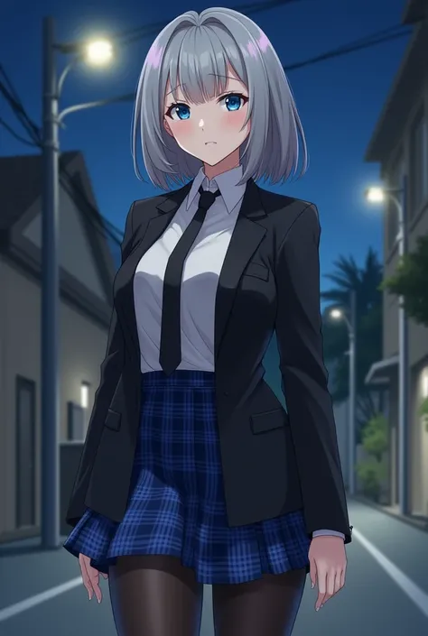 Gray Hair,Dark Eyes, medium hair, boyish, pure white skin, pretty girl,Neutral,student,Beautiful breasts, nice butt, curvy body ,cool,Dignified,Handsome Girls, Tall,スcool用シャツ, black blazer over shirt ,Black tie, blue plaid skirt, black tights,Muscular, ani...