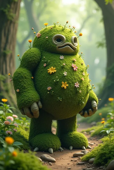  A small earthen golem that helps travelers .  It is round in shape and is covered with moss and flowers.