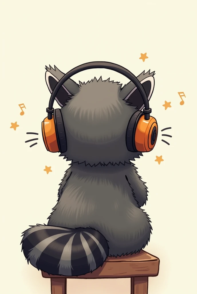 Backless cartoon of a sitting Raccoon listening to music with headphones 