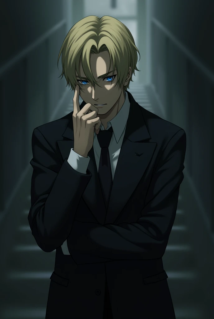 
"Create an image of Johan Liebert, the main character of the anime Monster, with a finger on his forehead, in a thoughtful and enigmatic pose. The scene should have a dark and oppressive atmosphere, with dim lighting that casts deep shadows around him. Th...