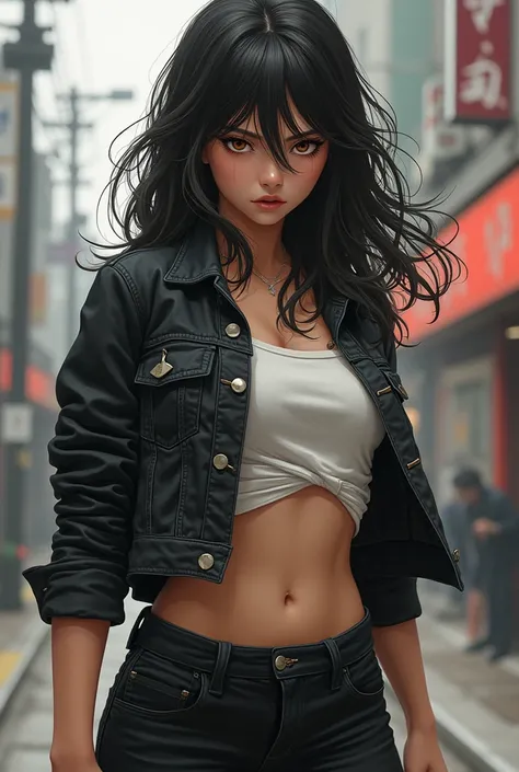  Japanese girl with wavy hair,dressed in a jacket , short shirt,  showing her belly and black pants  , defined body and angry face 