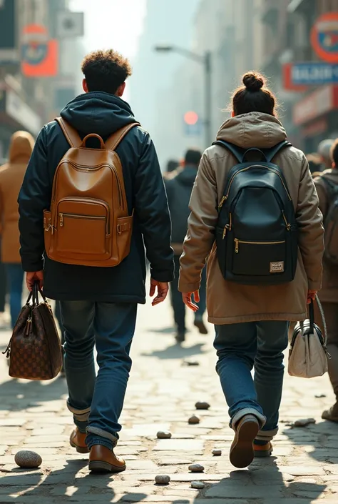 ren walking with a backpack on their backs ,  some walk well and have expensive backpacks and other ren are poor who have a broken backpack with stones