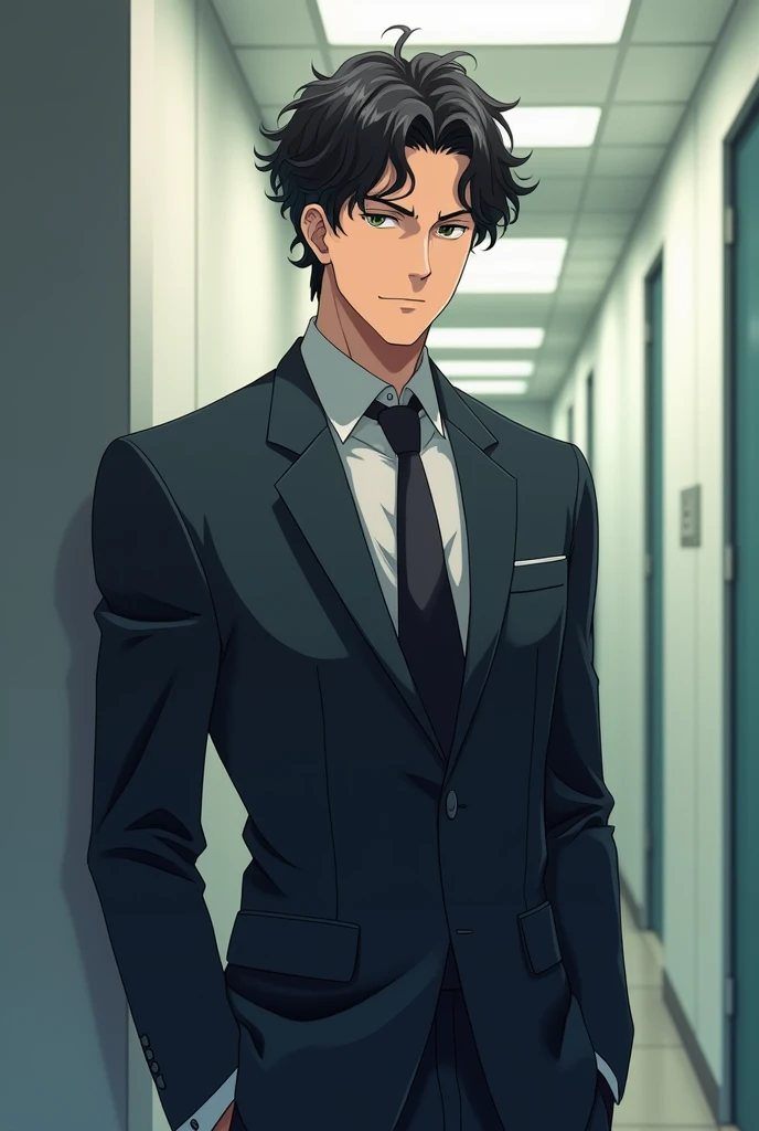 Male psychologist with short black curly hair , elegant and muscular in anime style