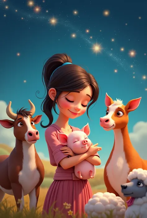  The baby piggy sleeping happily in Perlas arms,  surrounded by animals , The cow, the horse, the chicken and the sheep animated by a sky full of stars