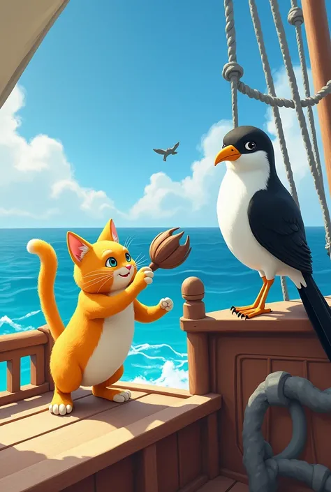 A cat Yellow  and a bird White with black , on a ship at sea 