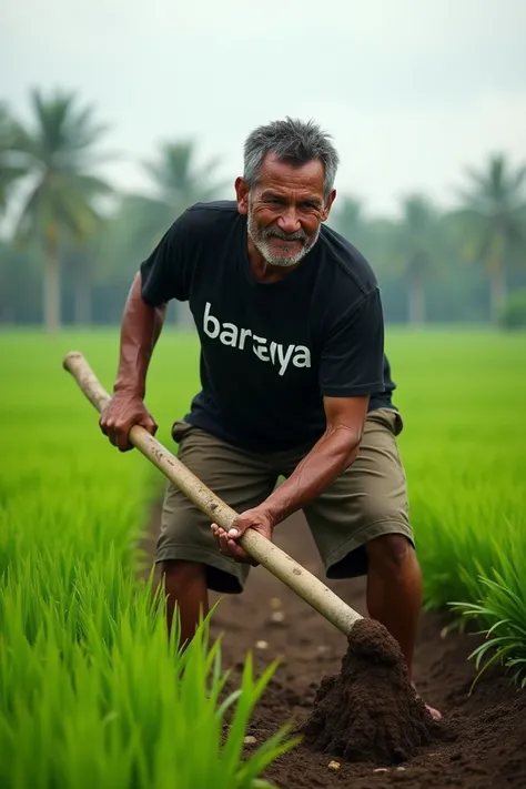 a man from Indonesia, wearing a black t-shirt that says "BARAYA", is hoeing in a rice field, with rice fields in the background, realistic