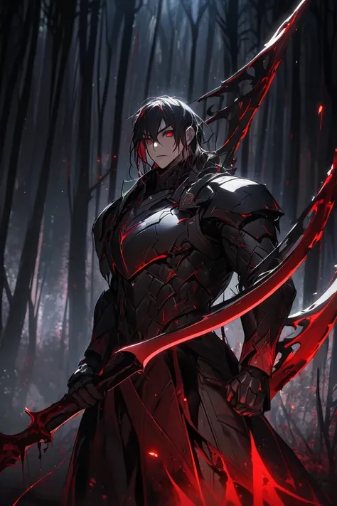 "A full-body depiction of a character standing in a dark forest. The character has black hair with vibrant red streaks, piercing red eyes that seem to glow in the shadows, and an athletic build. They are dressed in reinforced leather armor, combining funct...