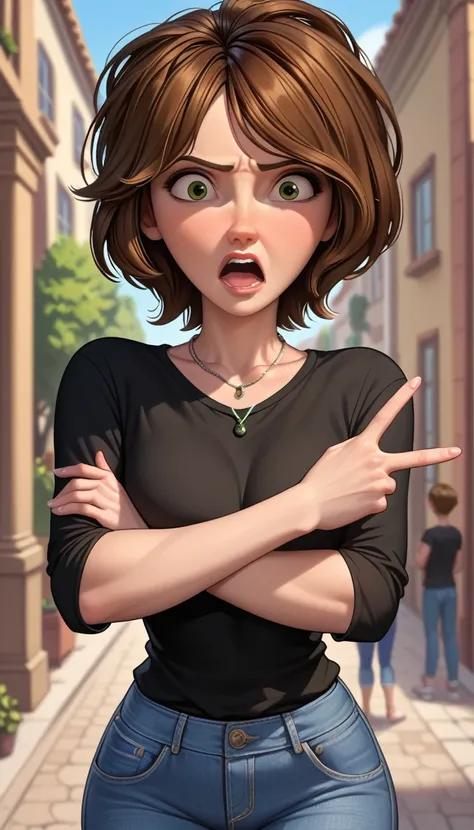 Skinny,
Angry,
Shocked,
Arms Crossed,
Waist Shot,
(aunt cass from big hero 6), cass hamada, large natural boobs, perfect eyes, v-nek, black shirt, necklace, denim, jeans, high resolution, front view, pov, crossed arms,