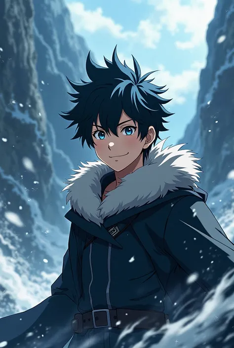  Anime hero with hair ruffled by the wind ,  smiling confidently while facing a storm in the mountains. The cold and strong wind hits his face ,  but he moves on .  The scene conveys a sense of overcoming and resistance ,  with the storm symbolizing the ch...