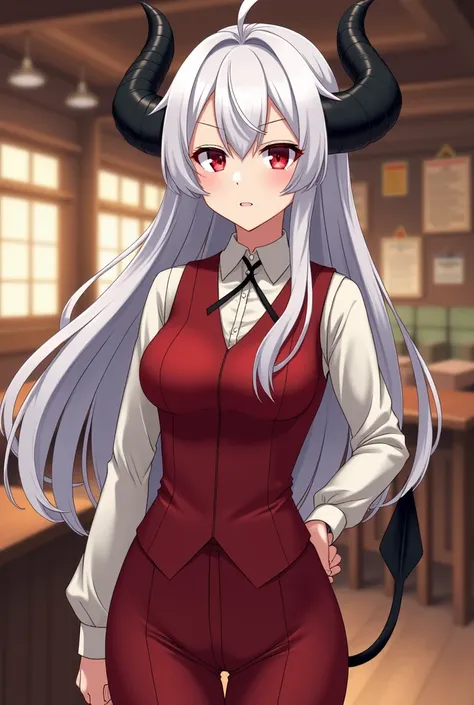 "A woman with white hair and black horns, dressed in a guild receptionist outfit with a red vest, form-fitting pants, and a small tail with an arrow-shaped tip. She has sharp, red eyes and a very serious expression, conveying authority and focus. The backg...