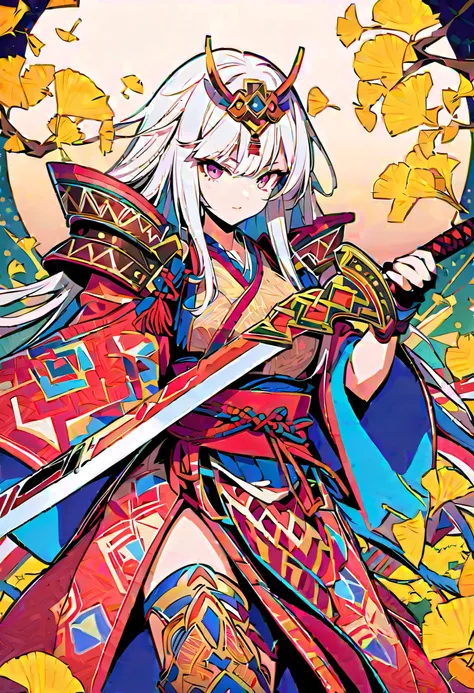 {worst quality, low-quality}, A vibrant and colorful illustration of an anime-style female samurai character with white hair, holding her sword in front of her face. She wears a traditional Japanese costume decorated with ginkgo, (( big full moon and Ginkg...