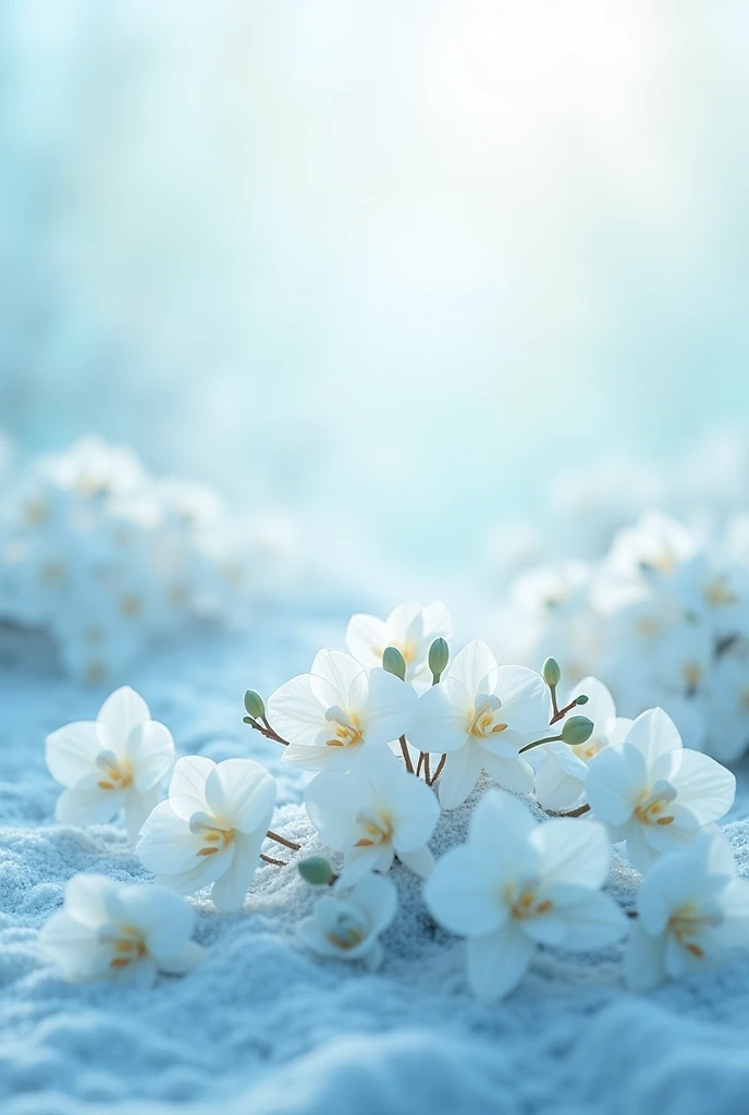 Pastel baby blue landscapes with mini white orchids without green colors